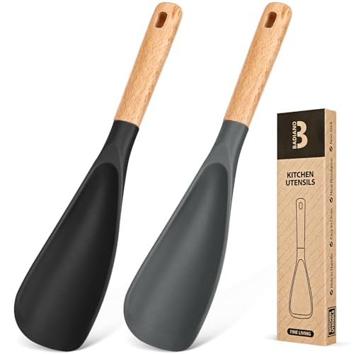 Version 1.0.0 Cooking Spoon for Nonstick Cookwares, Great for Cooking and Serving Sturdy BPA-Free Matte Silicone, Wood Handle Spoon for Mixing, Scoop, and Scrape (Black & Grey, 11.4 inch) - Image 1