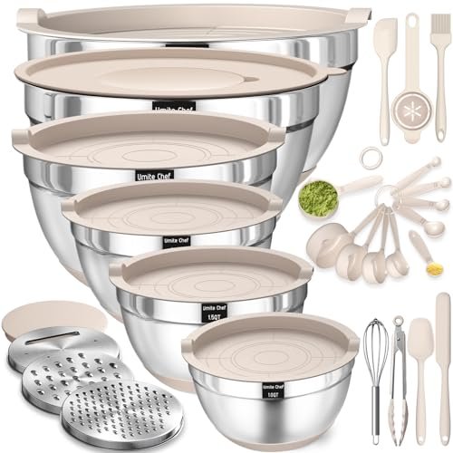 51kxmHkcd8L Mixing Bowls with Airtight Lids Set, 26PCS Stainless Steel Khaki Bowls with Grater Attachments, Non-Slip Bottoms & Kitchen Gadgets Set, Size 7, 4, 2.5, 2.0,1.5, 1QT, Great for Mixing & Serving - Image 1
