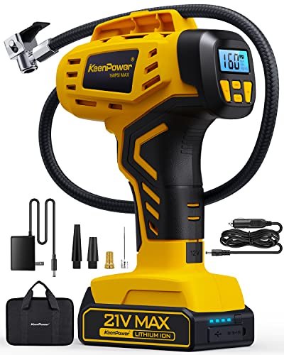 Version 1.0.0 KeenPower Tire Inflator Portable Air Compressor - Super Fast - 21V Rechargeable Battery Powered Handheld 160PSI Tire Inflator, Dual Power Supply Modes, Portable Air Pump for Car Motorcycle E-Bike - Image 1